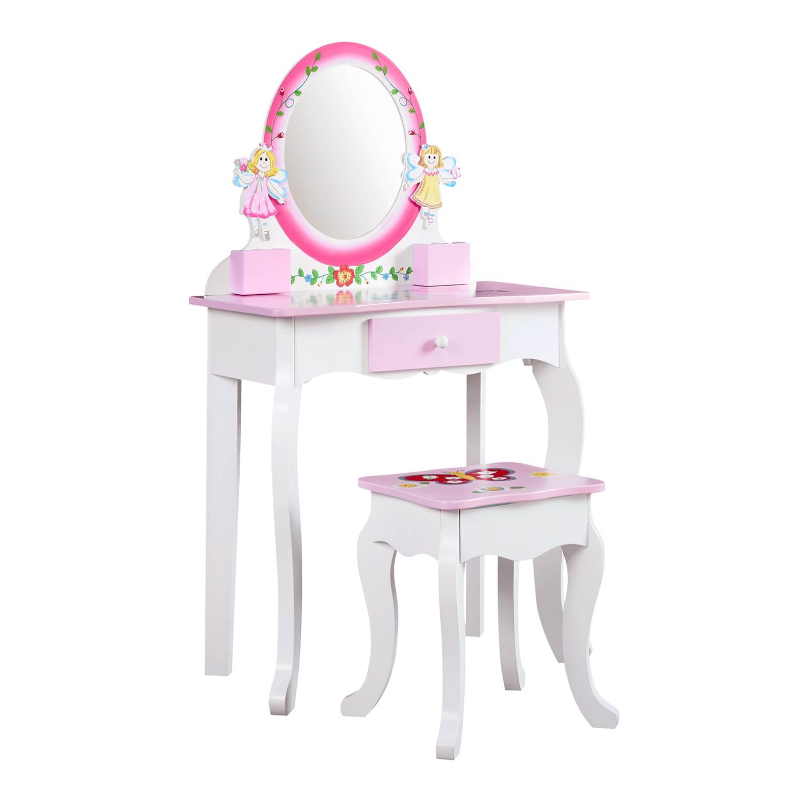 Kids Vanity Set Floral Printed Wooden Makeup Dressing Princess Table with Mirror and Stool for Role Playing Pink