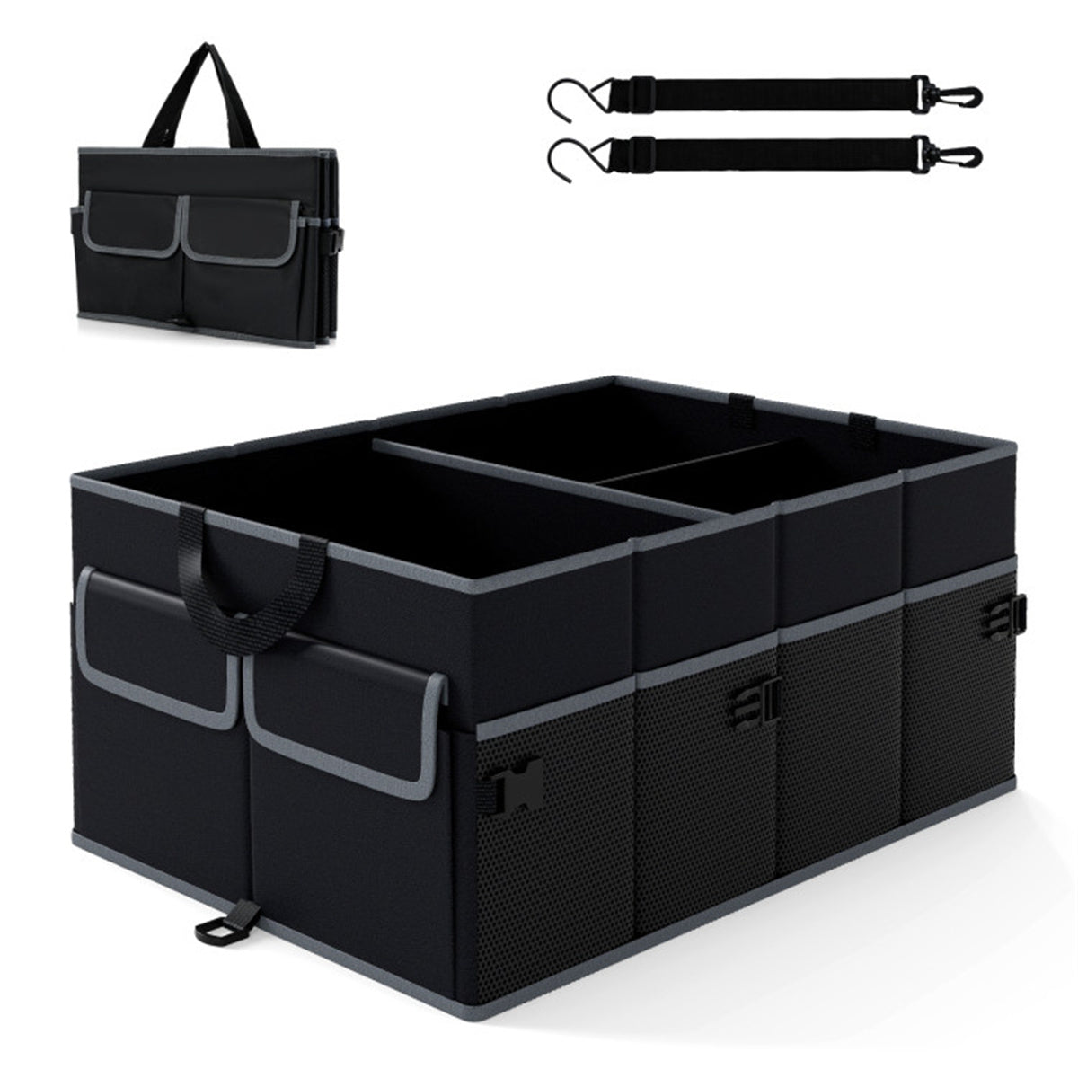 13 Gallon Car Trunk Organizer, Collapsible 3 Compartments Storage Box with Multi Pockets, 600D Oxford Fabric, Non-Slip Base & Fixed Straps for SUV Truck