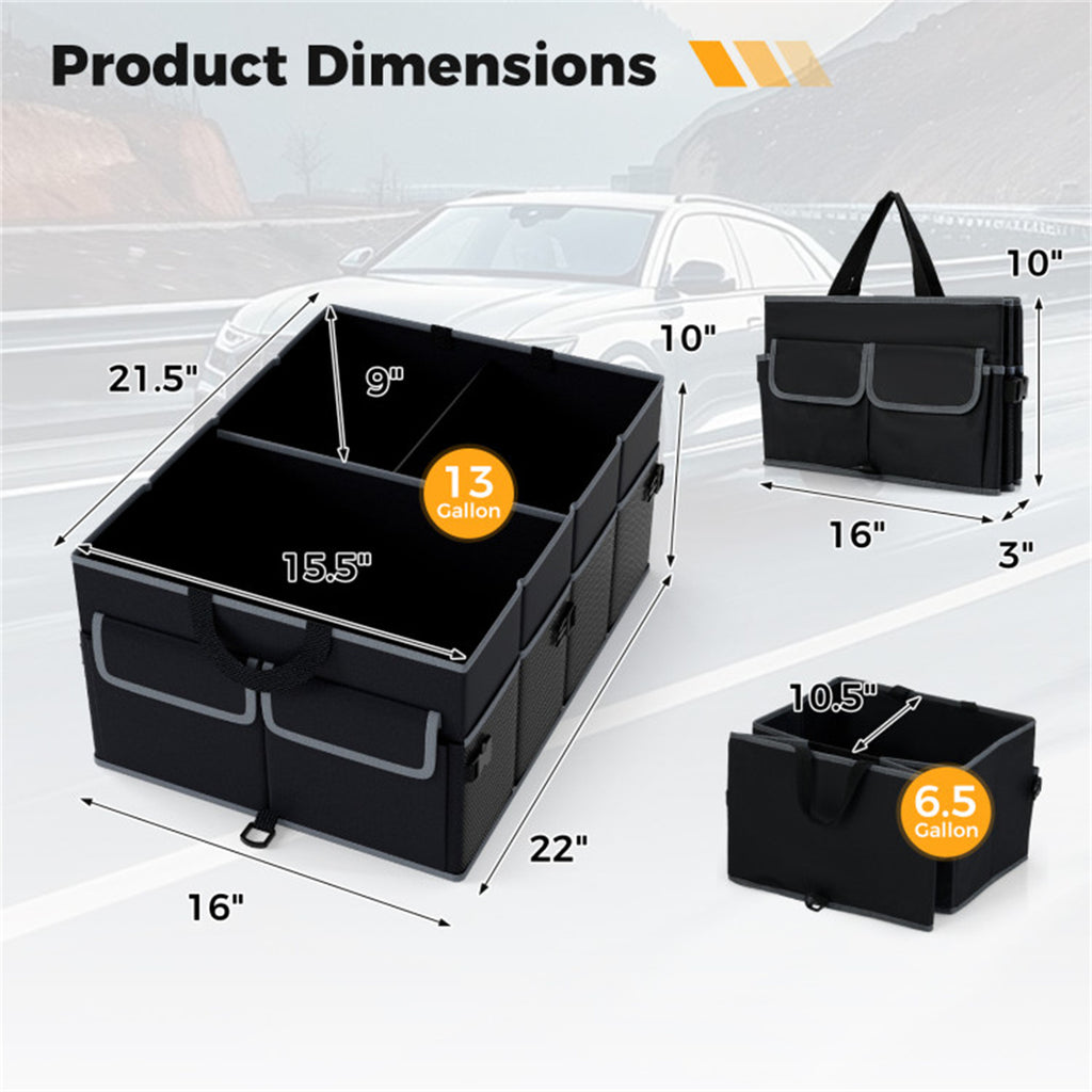 13 Gallon Car Trunk Organizer, Collapsible 3 Compartments Storage Box with Multi Pockets, 600D Oxford Fabric, Non-Slip Base & Fixed Straps for SUV Truck