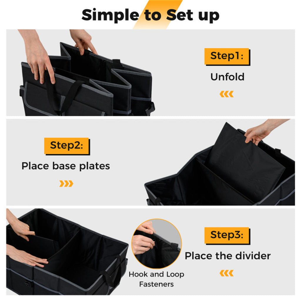 13 Gallon Car Trunk Organizer, Collapsible 3 Compartments Storage Box with Multi Pockets, 600D Oxford Fabric, Non-Slip Base & Fixed Straps for SUV Truck