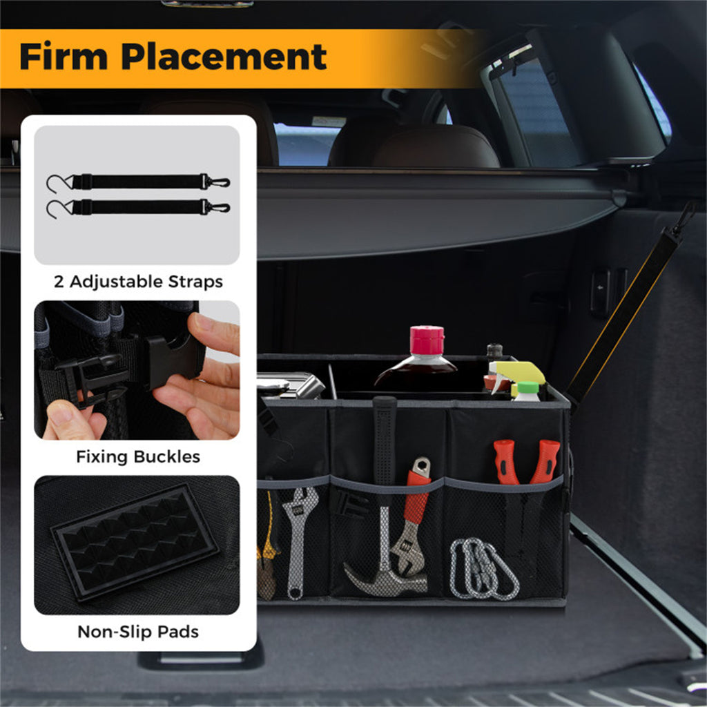 13 Gallon Car Trunk Organizer, Collapsible 3 Compartments Storage Box with Multi Pockets, 600D Oxford Fabric, Non-Slip Base & Fixed Straps for SUV Truck