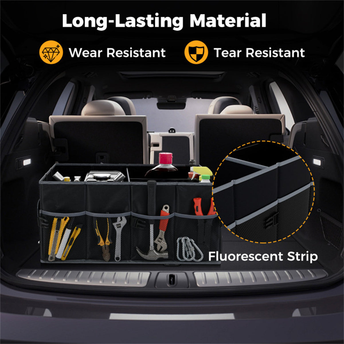13 Gallon Car Trunk Organizer, Collapsible 3 Compartments Storage Box with Multi Pockets, 600D Oxford Fabric, Non-Slip Base & Fixed Straps for SUV Truck