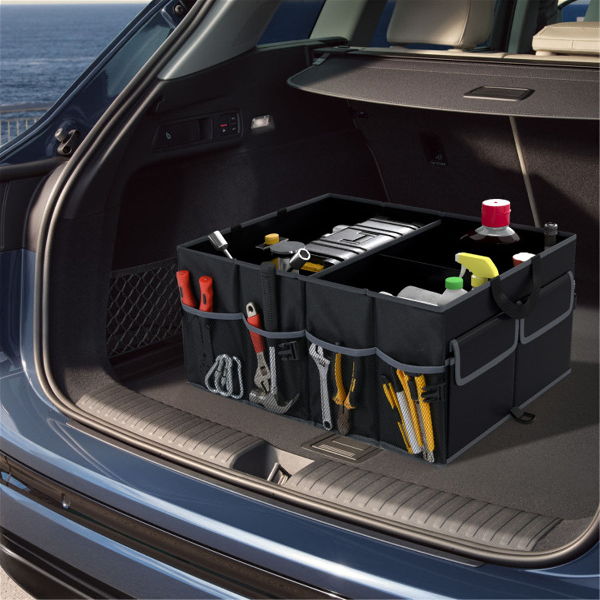 13 Gallon Car Trunk Organizer, Collapsible 3 Compartments Storage Box with Multi Pockets, 600D Oxford Fabric, Non-Slip Base & Fixed Straps for SUV Truck
