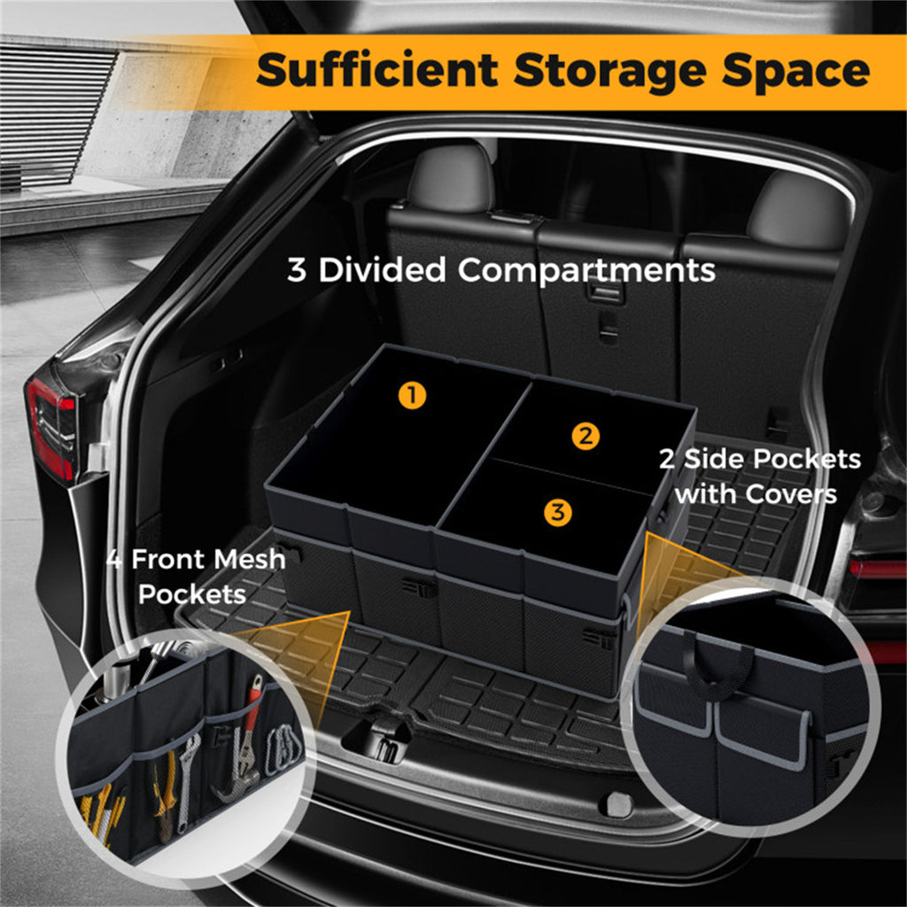 13 Gallon Car Trunk Organizer, Collapsible 3 Compartments Storage Box with Multi Pockets, 600D Oxford Fabric, Non-Slip Base & Fixed Straps for SUV Truck