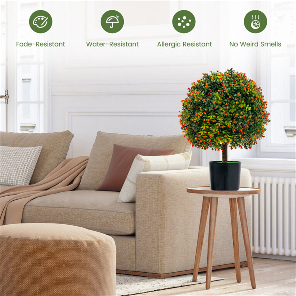 AEELLEEA 2 Pack 22in Artificial Boxwood Topiary Ball Trees, Faux Potted Plants with Orange Berries for Indoor Outdoor Decor