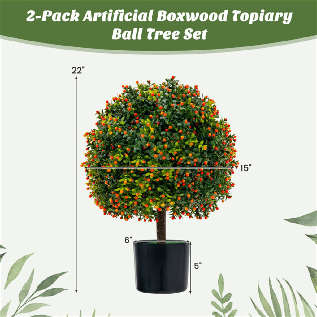 AEELLEEA 2 Pack 22in Artificial Boxwood Topiary Ball Trees, Faux Potted Plants with Orange Berries for Indoor Outdoor Decor