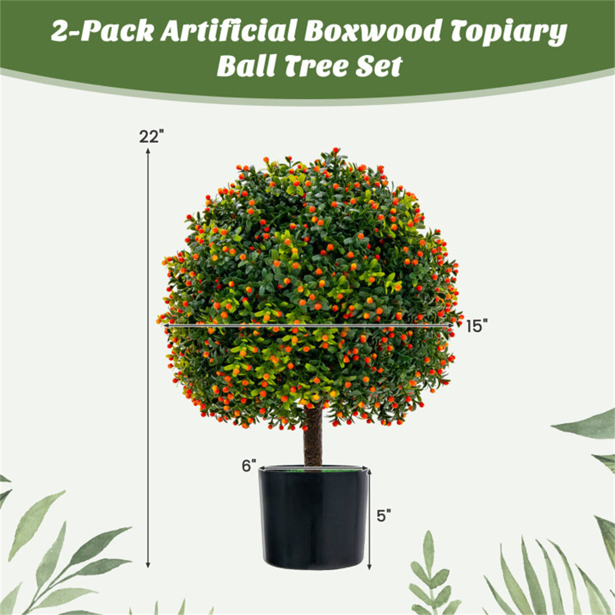 AEELLEEA 2 Pack 22in Artificial Boxwood Topiary Ball Trees, Faux Potted Plants with Orange Berries for Indoor Outdoor Decor