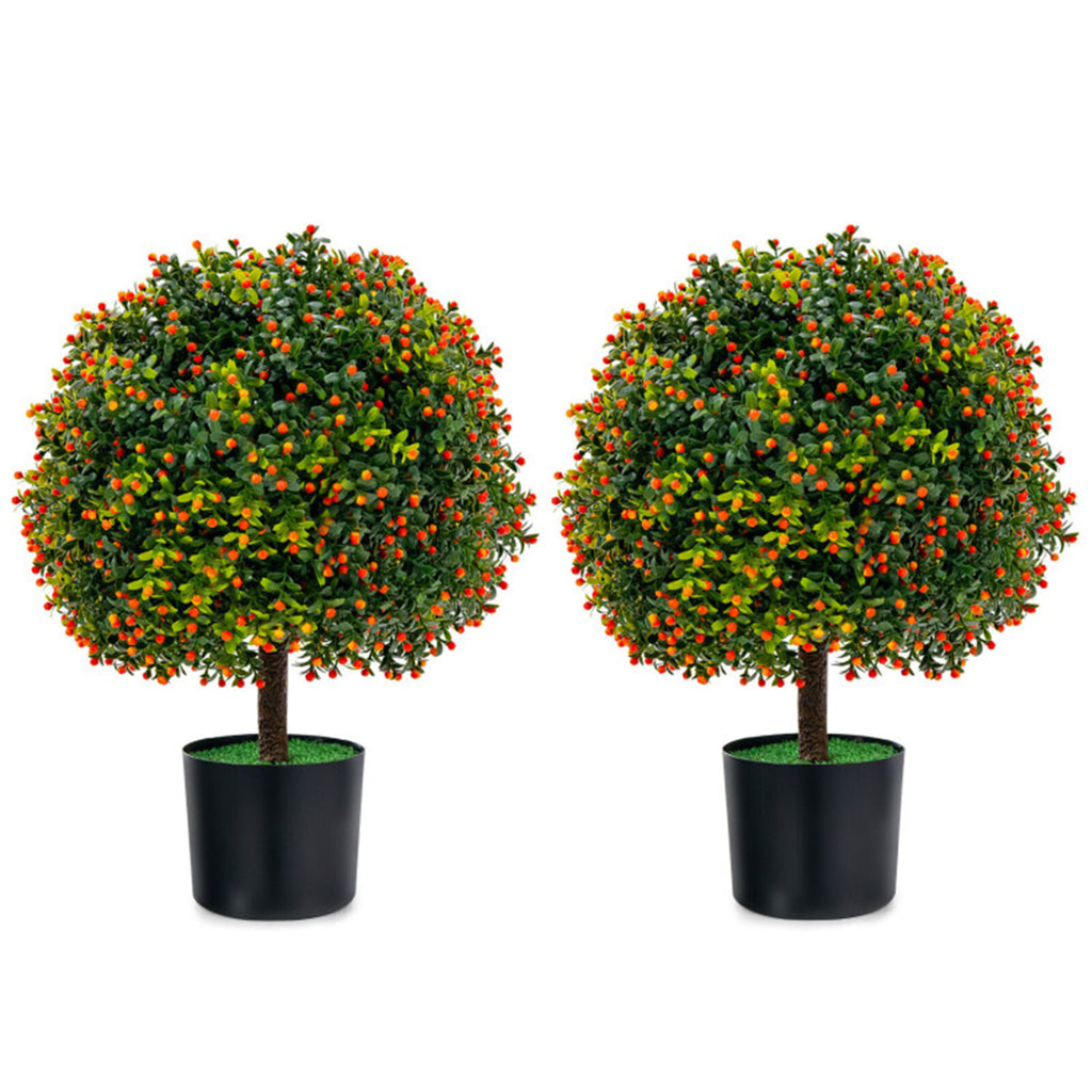 AEELLEEA 2 Pack 22in Artificial Boxwood Topiary Ball Trees, Faux Potted Plants with Orange Berries for Indoor Outdoor Decor