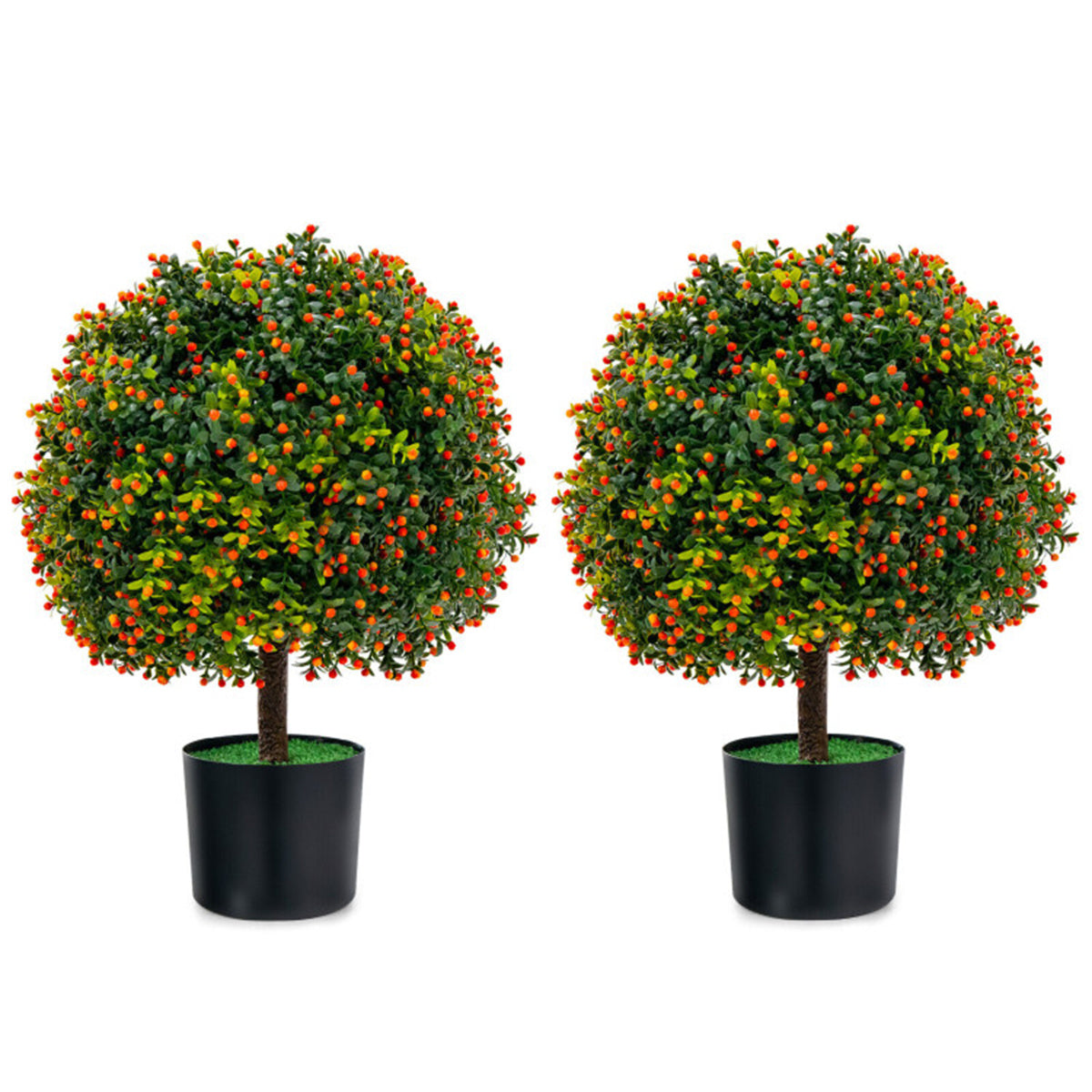 AEELLEEA 2 Pack 22in Artificial Boxwood Topiary Ball Trees, Faux Potted Plants with Orange Berries for Indoor Outdoor Decor