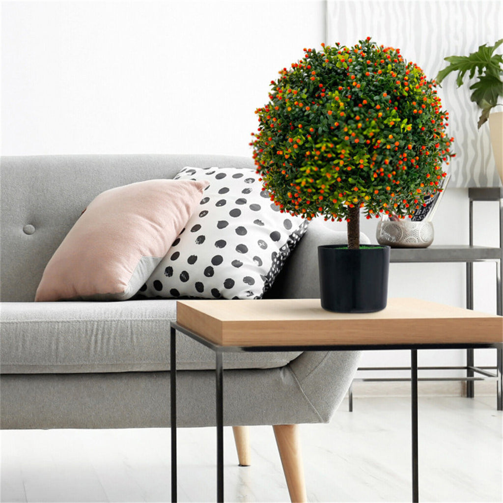 AEELLEEA 2 Pack 22in Artificial Boxwood Topiary Ball Trees, Faux Potted Plants with Orange Berries for Indoor Outdoor Decor