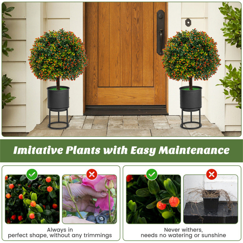 AEELLEEA 2 Pack 22in Artificial Boxwood Topiary Ball Trees, Faux Potted Plants with Orange Berries for Indoor Outdoor Decor