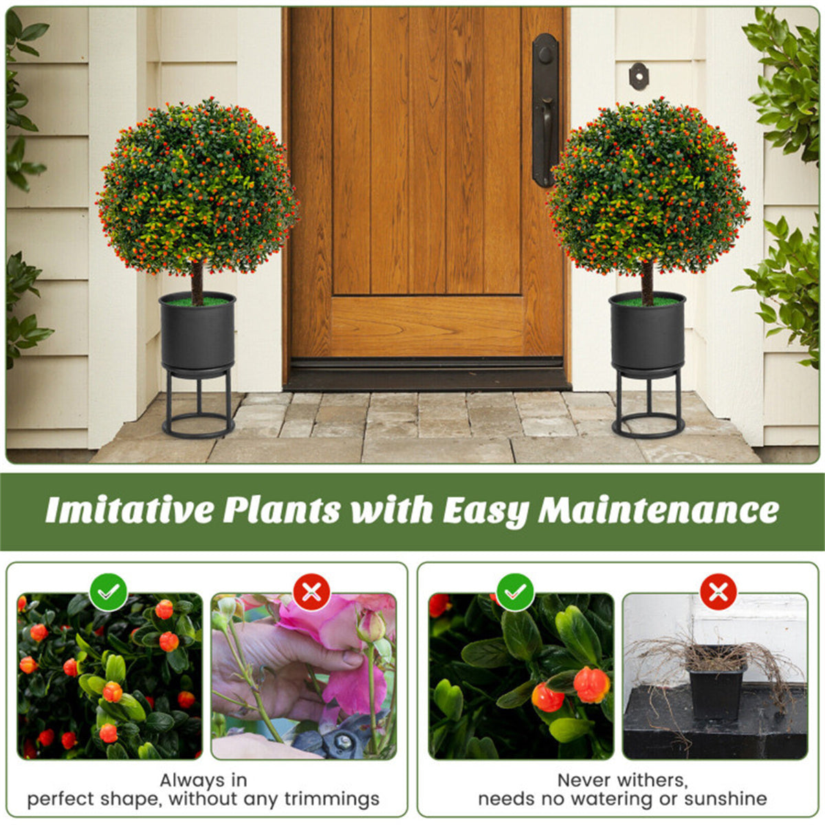 AEELLEEA 2 Pack 22in Artificial Boxwood Topiary Ball Trees, Faux Potted Plants with Orange Berries for Indoor Outdoor Decor
