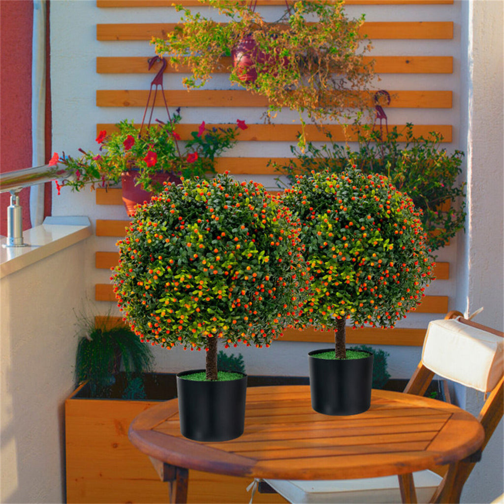 AEELLEEA 2 Pack 22in Artificial Boxwood Topiary Ball Trees, Faux Potted Plants with Orange Berries for Indoor Outdoor Decor