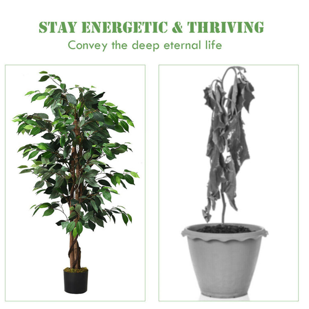 AEELLEEA 4FT Artificial Ficus Tree, Fake Green Plant with Twisted Trunk & Black Pot for Indoor Home Decor