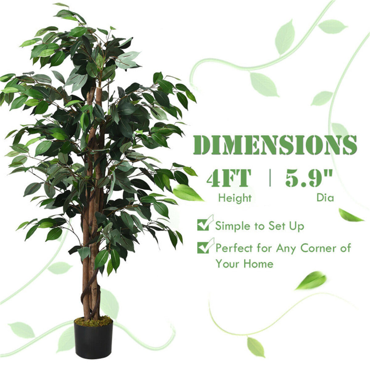 AEELLEEA 4FT Artificial Ficus Tree, Fake Green Plant with Twisted Trunk & Black Pot for Indoor Home Decor