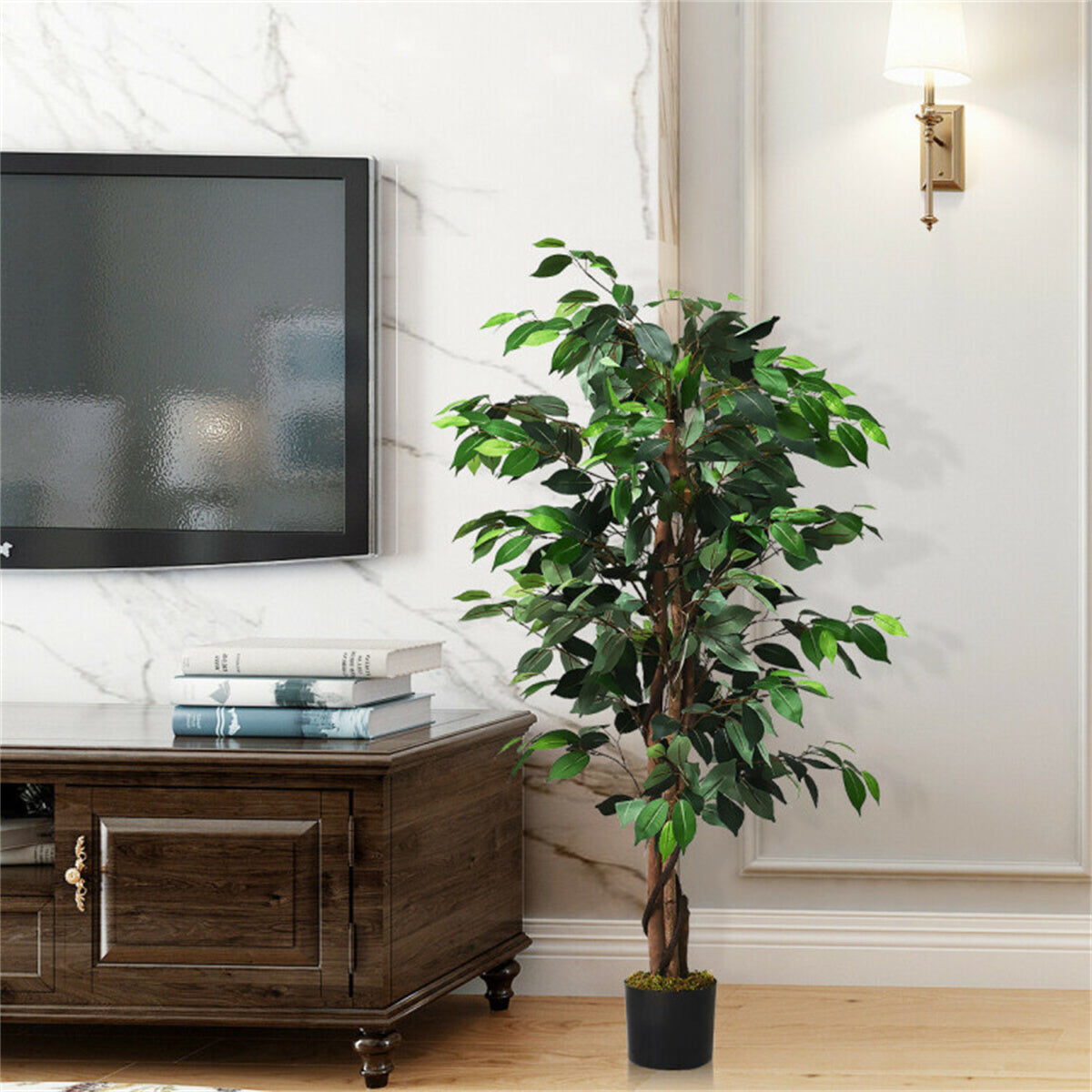AEELLEEA 4FT Artificial Ficus Tree, Fake Green Plant with Twisted Trunk & Black Pot for Indoor Home Decor