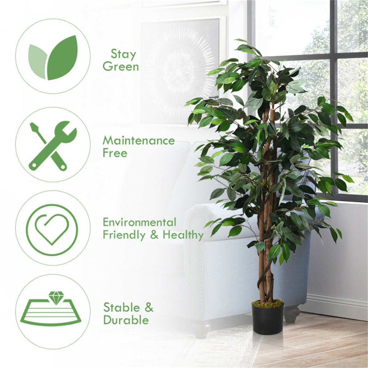 AEELLEEA 4FT Artificial Ficus Tree, Fake Green Plant with Twisted Trunk & Black Pot for Indoor Home Decor