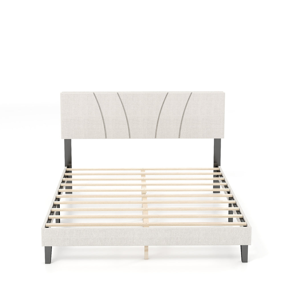 Bed Frame with Linen Headboard and Metal Legs Solid Wood Slats Mattress Platform for Bedroom Beige