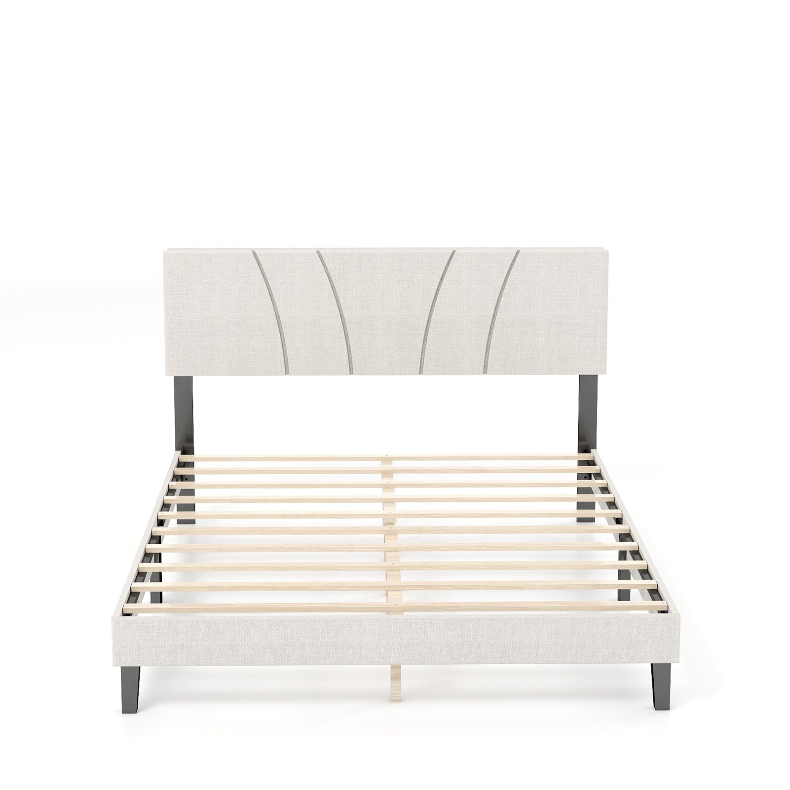 Bed Frame with Linen Headboard and Metal Legs Solid Wood Slats Mattress Platform for Bedroom Beige