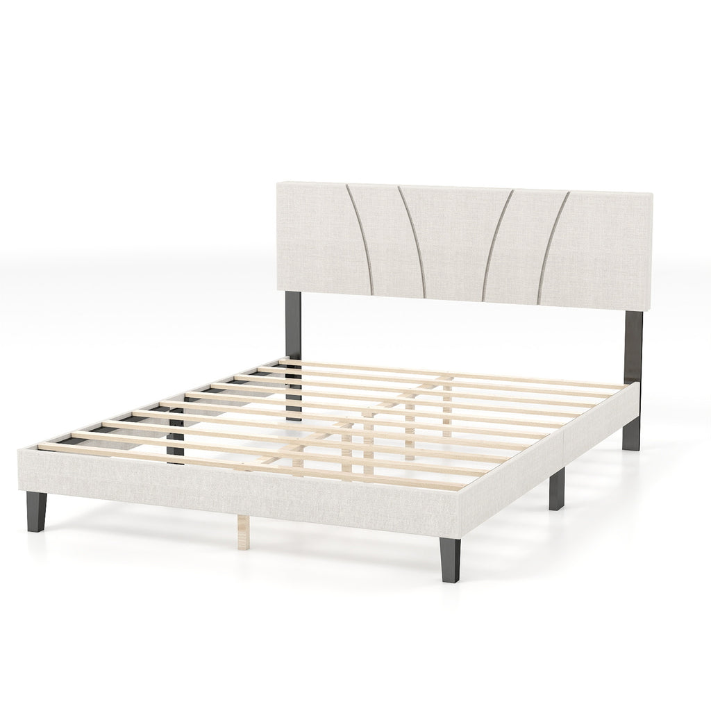 Bed Frame with Linen Headboard and Metal Legs Solid Wood Slats Mattress Platform for Bedroom Beige