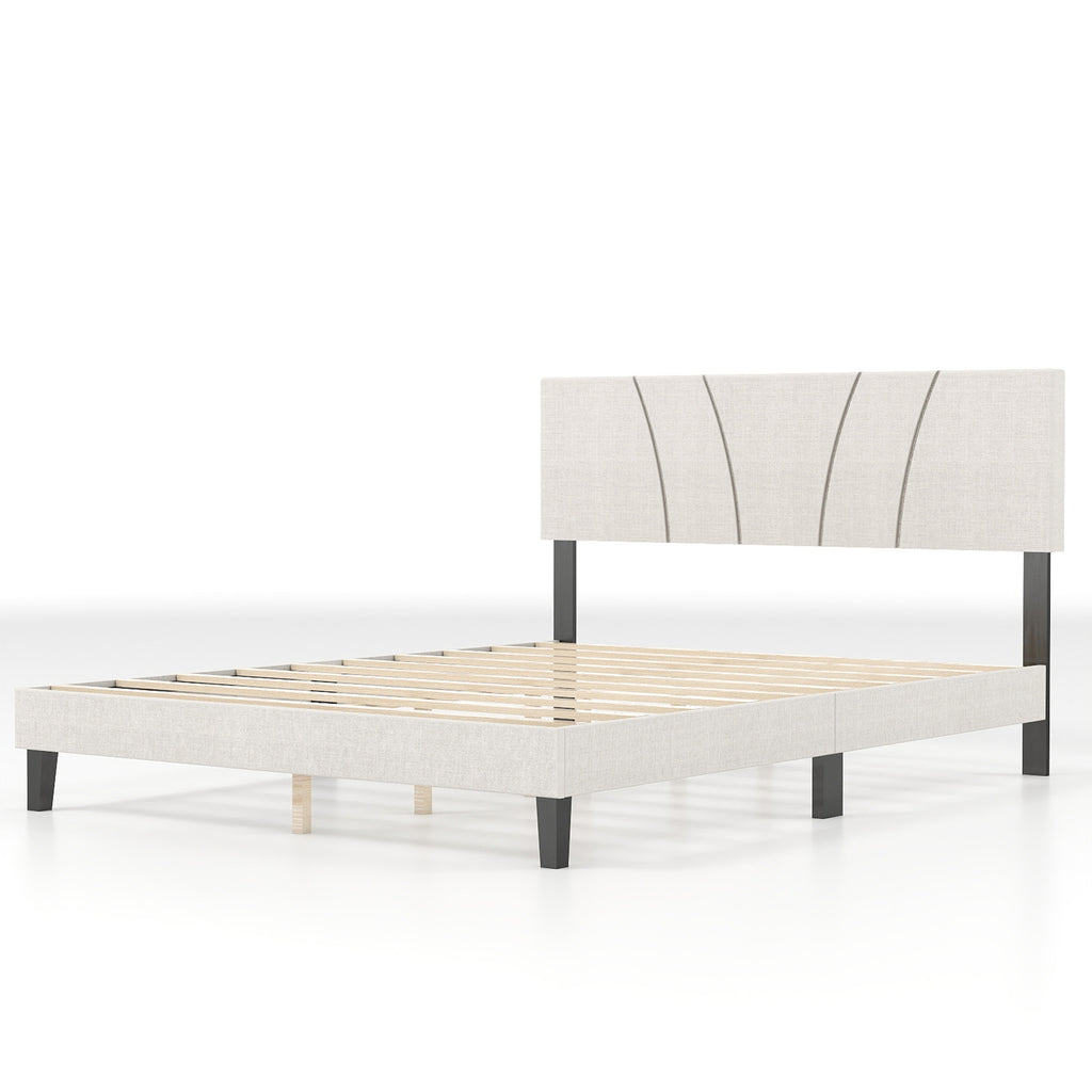 Bed Frame with Linen Headboard and Metal Legs Solid Wood Slats Mattress Platform for Bedroom Beige
