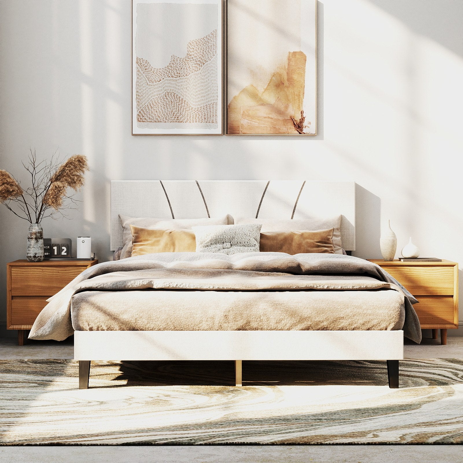 Bed Frame with Linen Headboard and Metal Legs Solid Wood Slats Mattress Platform for Bedroom Beige
