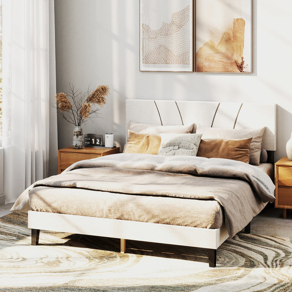 Bed Frame with Linen Headboard and Metal Legs Solid Wood Slats Mattress Platform for Bedroom Beige
