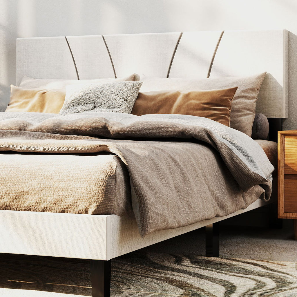 Bed Frame with Linen Headboard and Metal Legs Solid Wood Slats Mattress Platform for Bedroom Beige