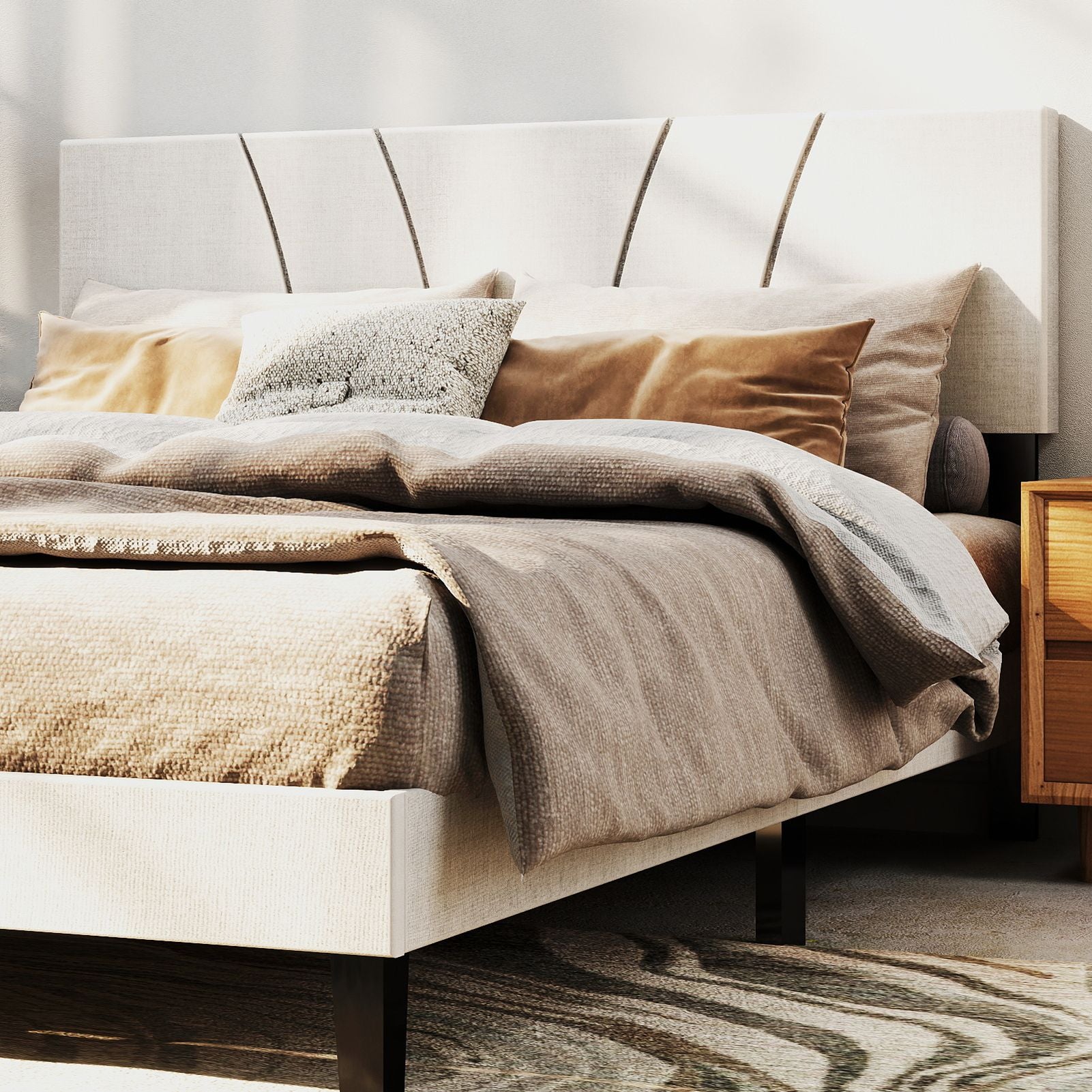 Bed Frame with Linen Headboard and Metal Legs Solid Wood Slats Mattress Platform for Bedroom Beige