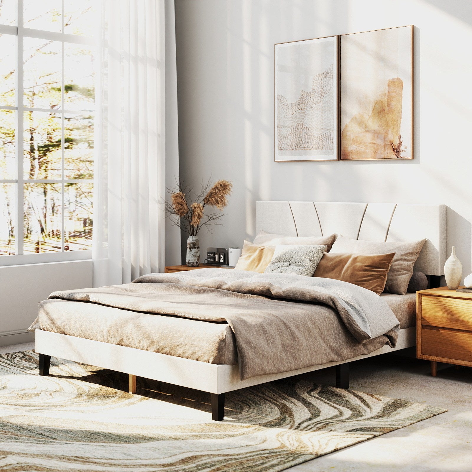 Bed Frame with Linen Headboard and Metal Legs Solid Wood Slats Mattress Platform for Bedroom Beige
