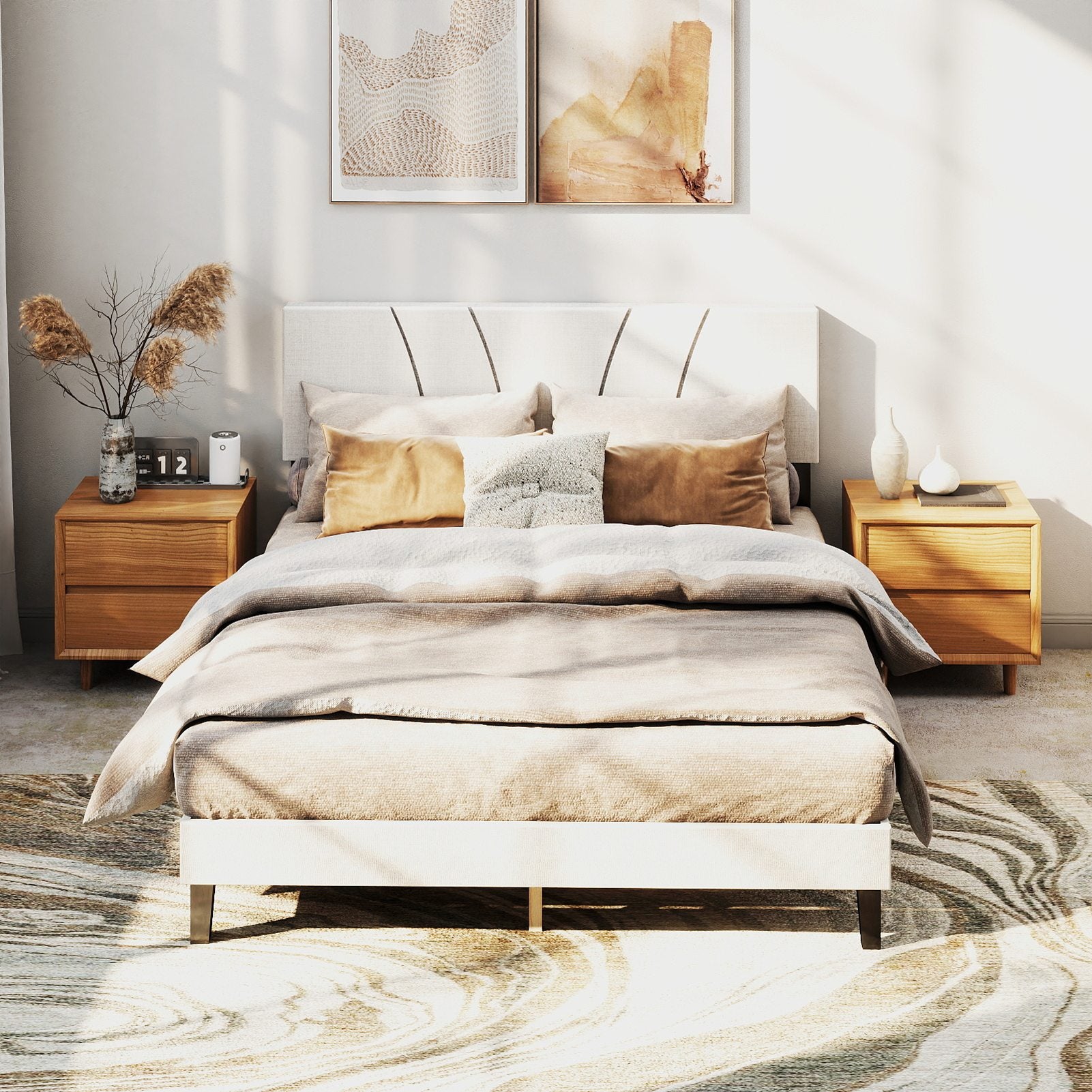 Bed Frame with Linen Headboard and Metal Legs Solid Wood Slats Mattress Platform for Bedroom Beige