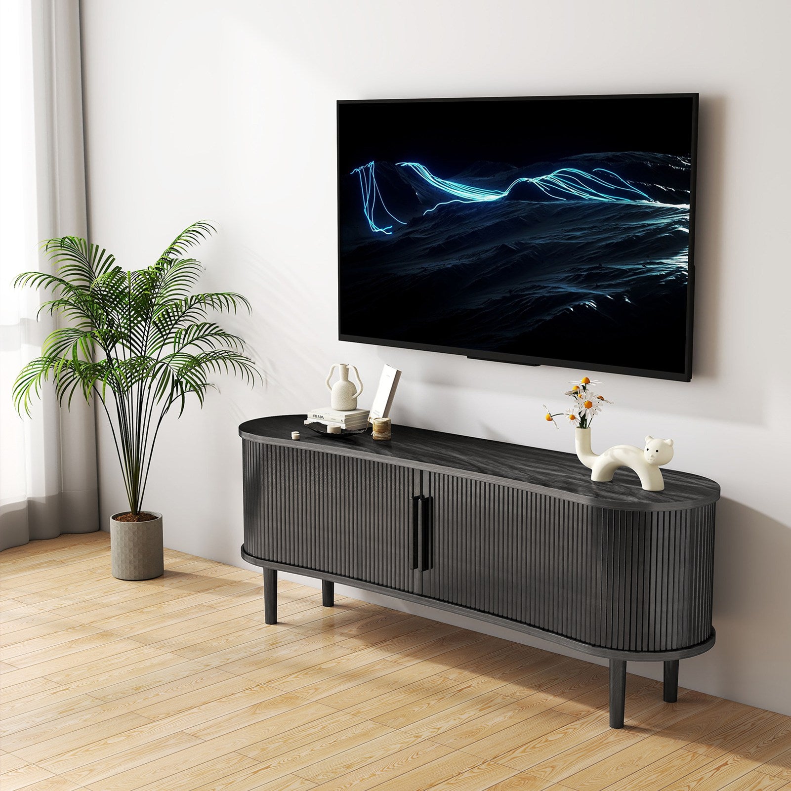 TV Stand MDF Mid Century Modern Media Console Table Entertainment Center with Storage Handle Door for Living Room Office Black