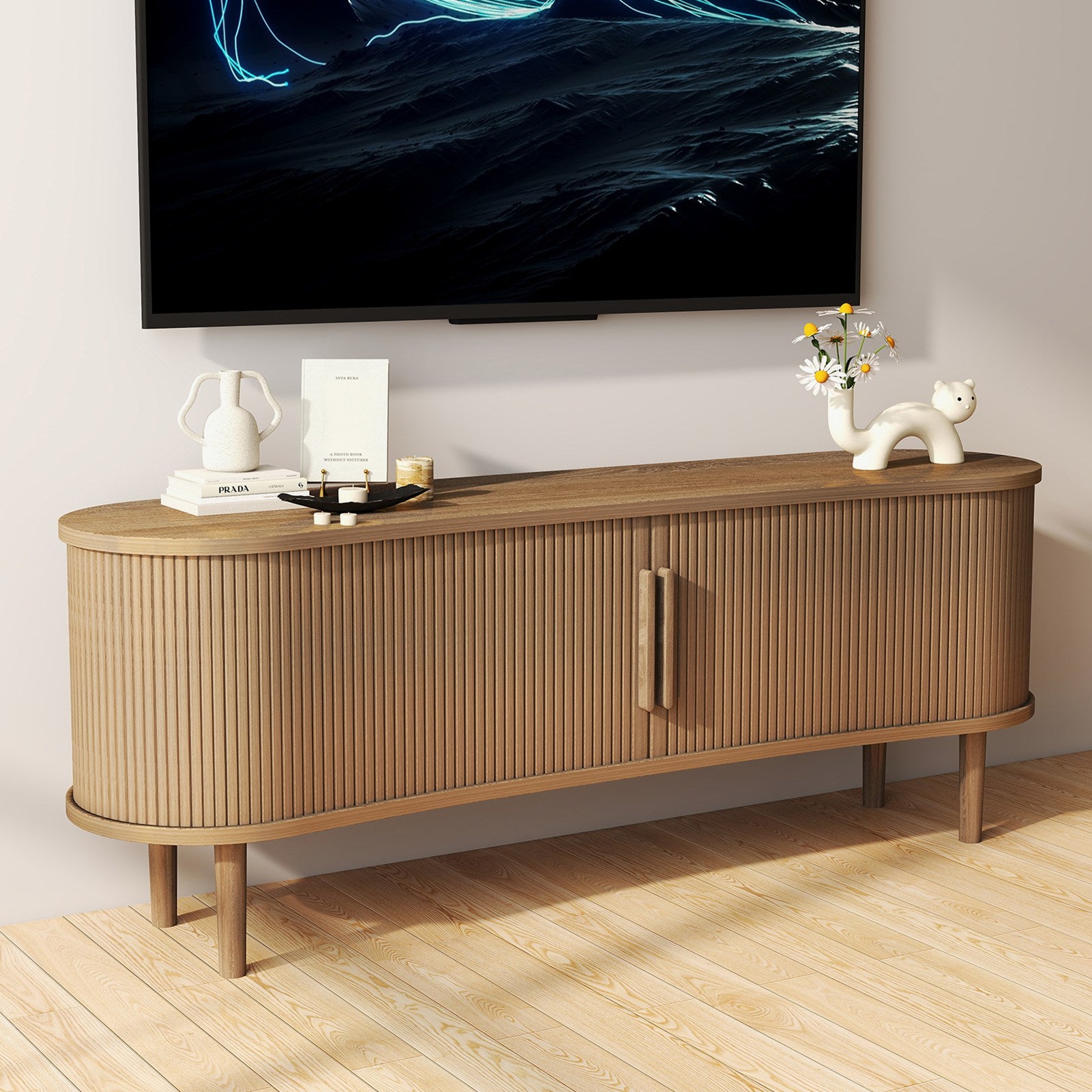 TV Stand MDF Mid Century Modern Media Console Table Entertainment Center with Storage Handle Door for Living Room Office Walnut