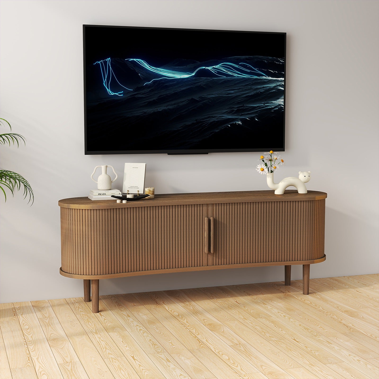 TV Stand MDF Mid Century Modern Media Console Table Entertainment Center with Storage Handle Door for Living Room Office Walnut