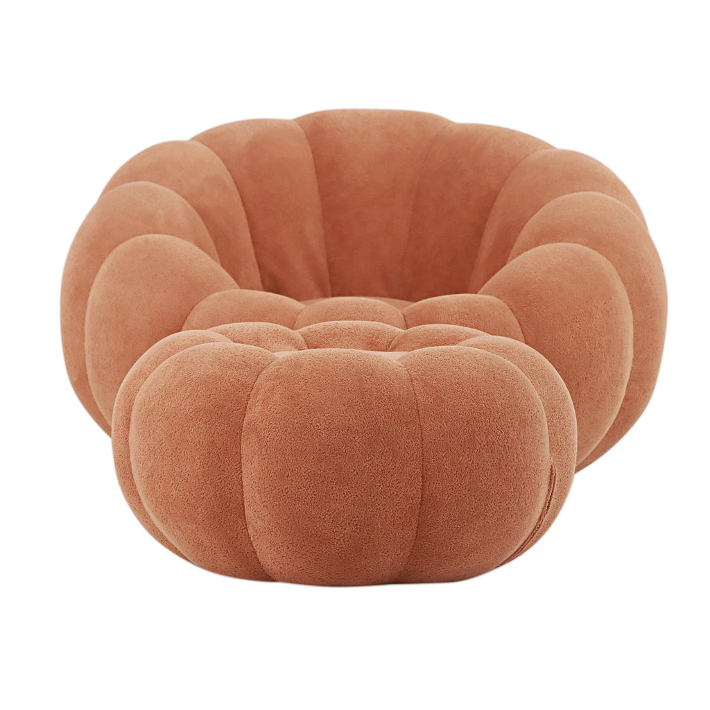 Single Sofa Chair Pumpkin Shape Round Chair Accent Reading Relaxing Modern Lounge with Footstool Brown