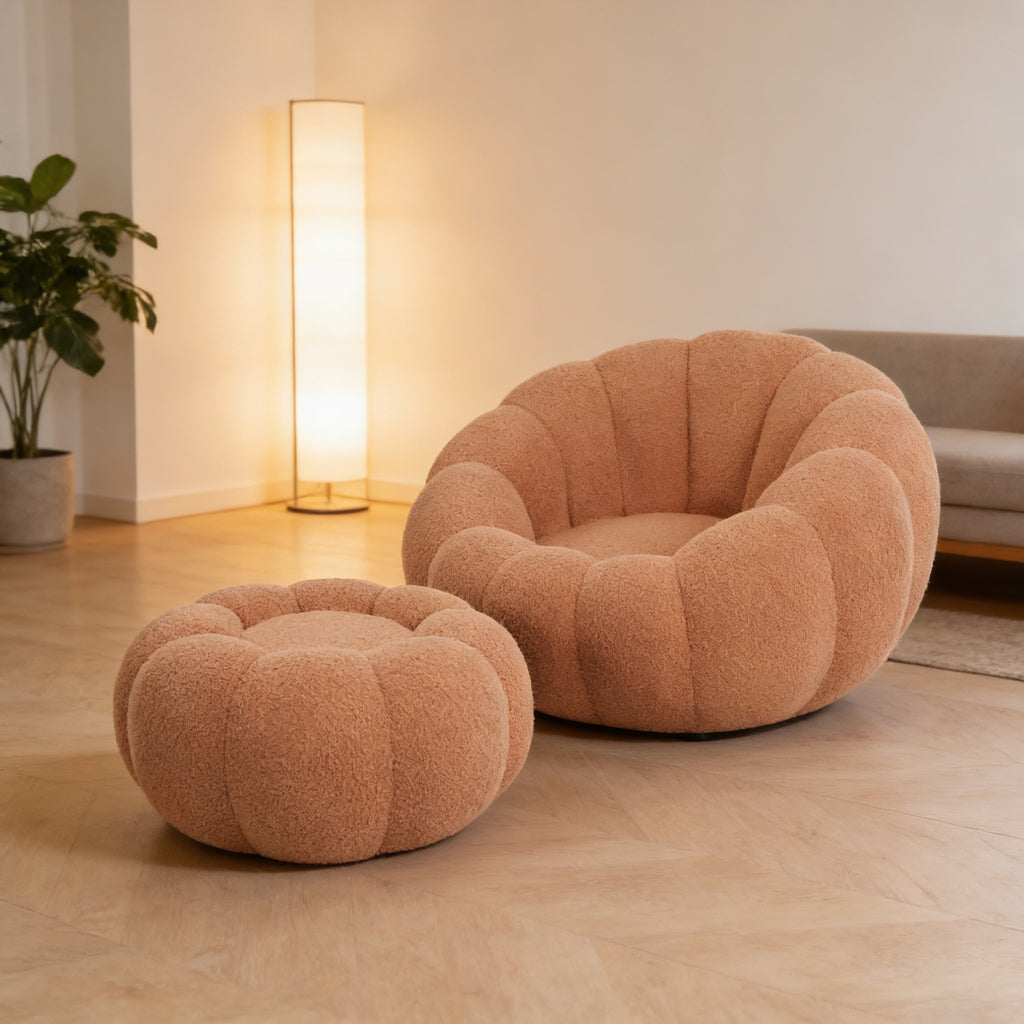 Single Sofa Chair Pumpkin Shape Round Chair Accent Reading Relaxing Modern Lounge with Footstool Brown