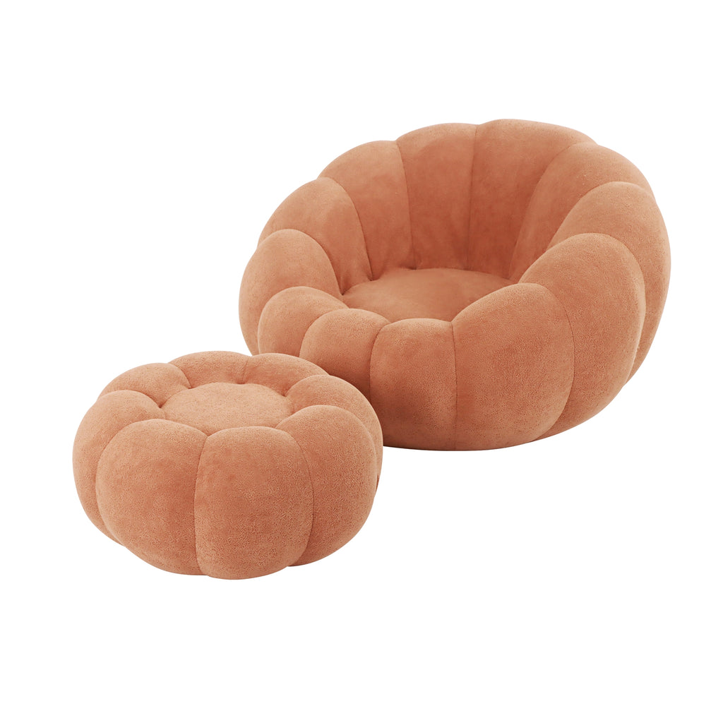Single Sofa Chair Pumpkin Shape Round Chair Accent Reading Relaxing Modern Lounge with Footstool Brown