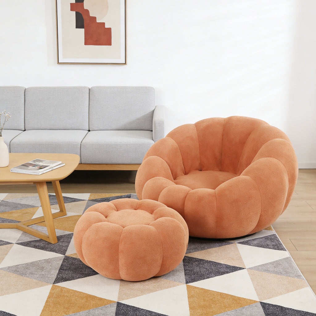 Single Sofa Chair Pumpkin Shape Round Chair Accent Reading Relaxing Modern Lounge with Footstool Brown