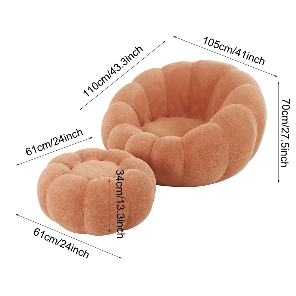 Single Sofa Chair Pumpkin Shape Round Chair Accent Reading Relaxing Modern Lounge with Footstool Brown