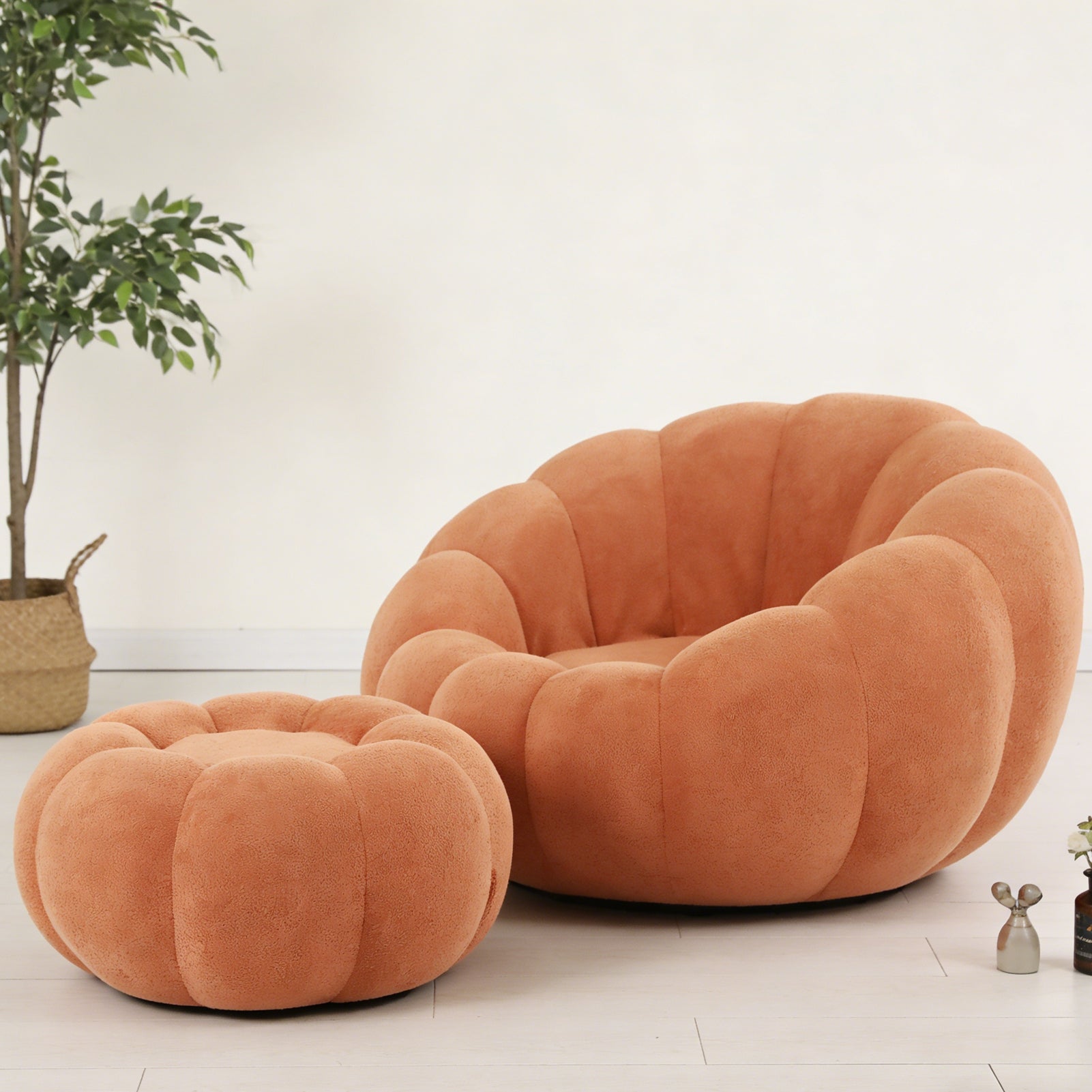 Single Sofa Chair Pumpkin Shape Round Chair Accent Reading Relaxing Modern Lounge with Footstool Brown