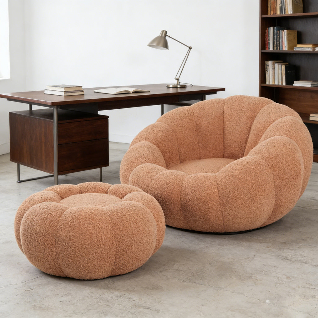 Single Sofa Chair Pumpkin Shape Round Chair Accent Reading Relaxing Modern Lounge with Footstool Brown