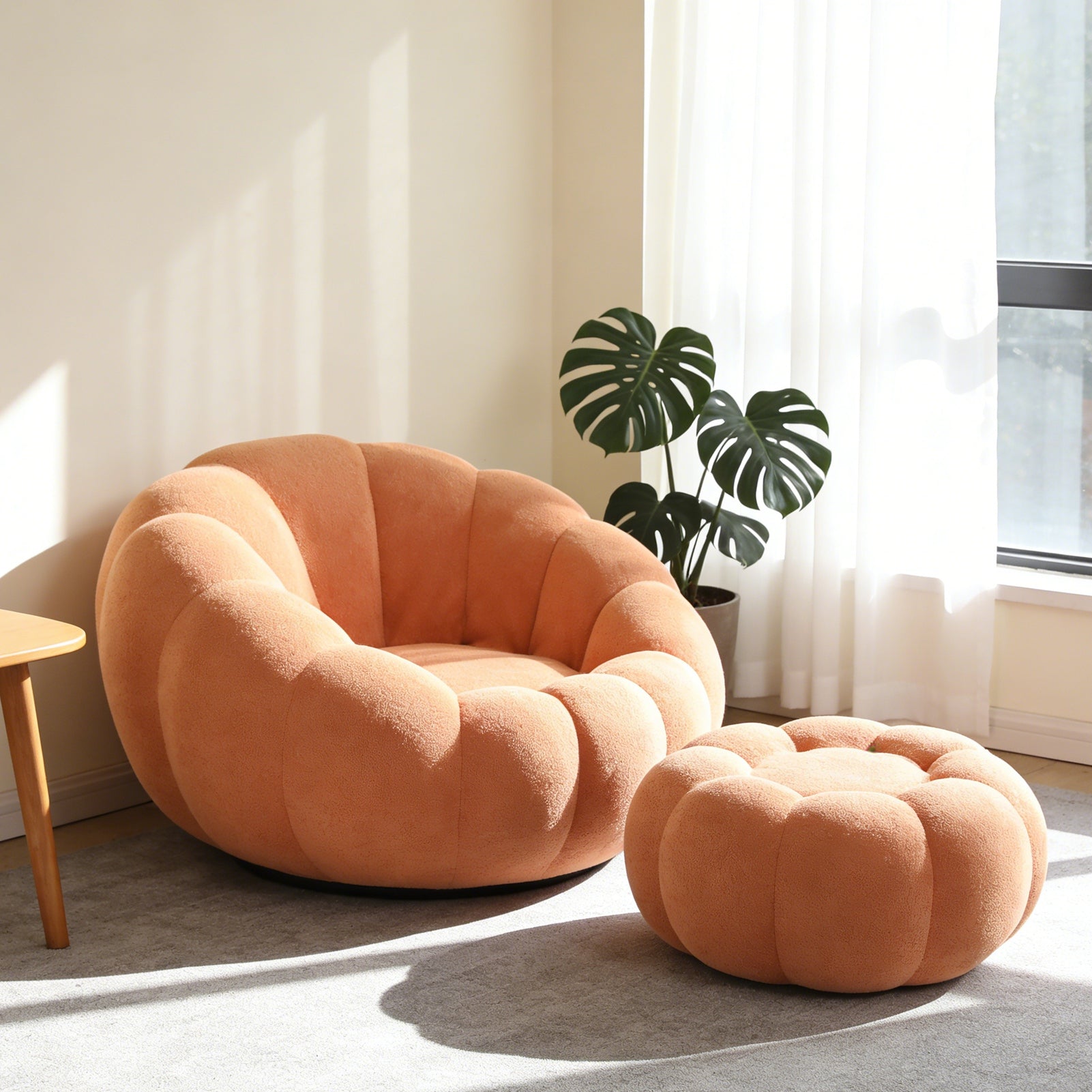 Single Sofa Chair Pumpkin Shape Round Chair Accent Reading Relaxing Modern Lounge with Footstool Brown