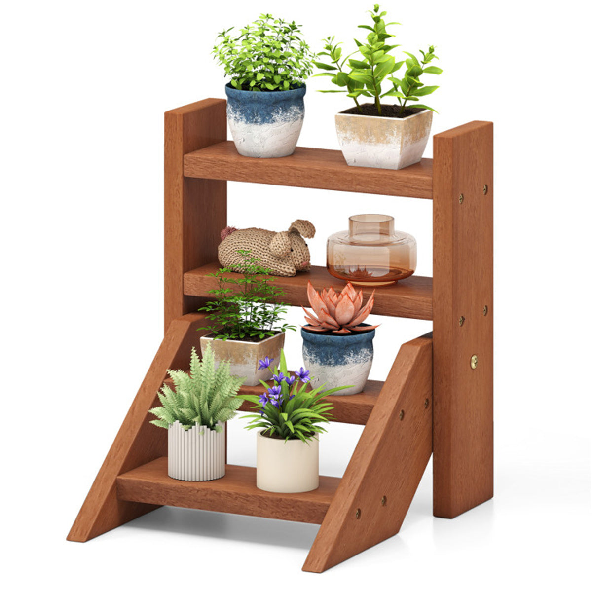 4-Tier Ladder Wooden Plant Stand, Compact Tabletop Plant Shelf for Window, Balcony, Indoor Outdoor Potted Succulent Display Rack
