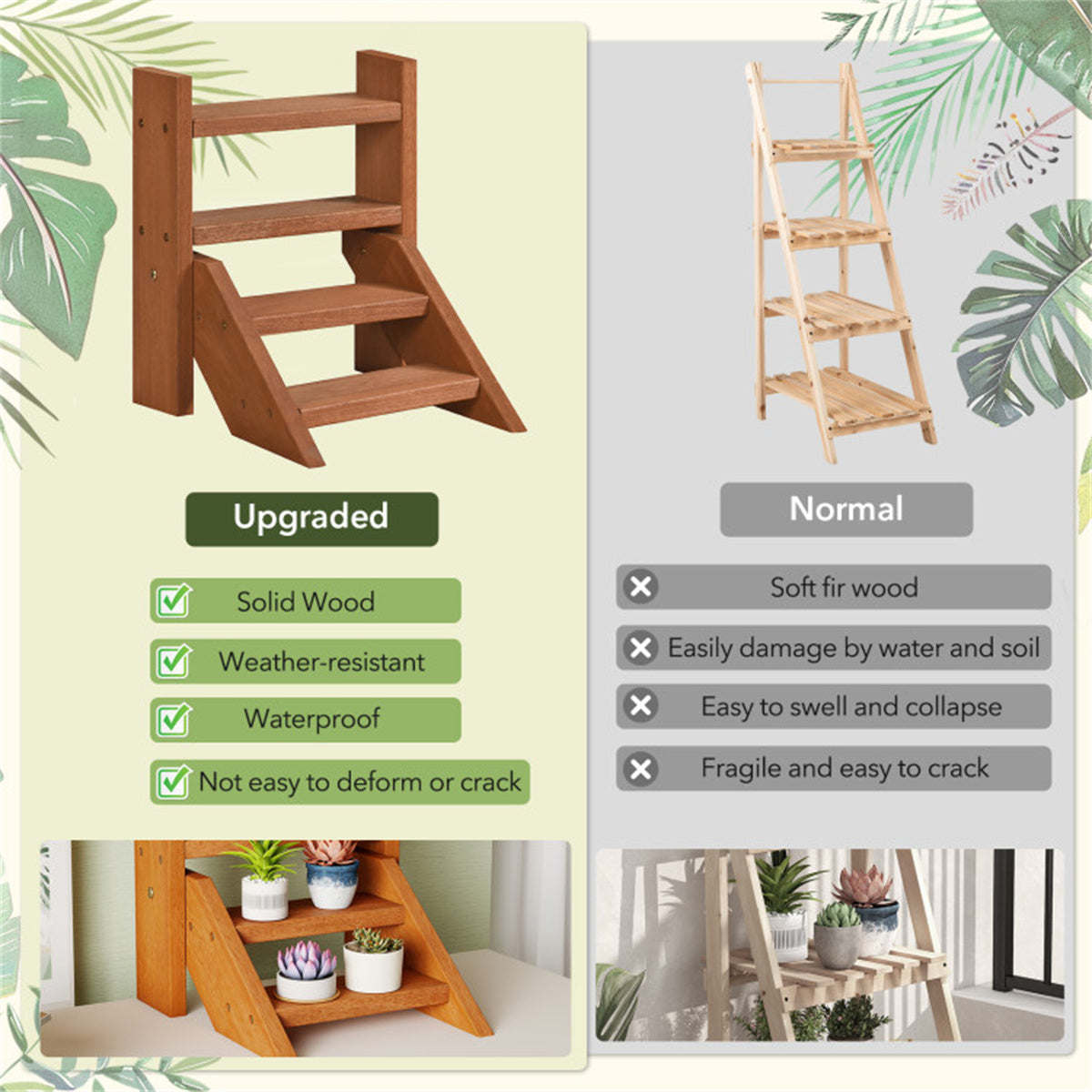 4-Tier Ladder Wooden Plant Stand, Compact Tabletop Plant Shelf for Window, Balcony, Indoor Outdoor Potted Succulent Display Rack