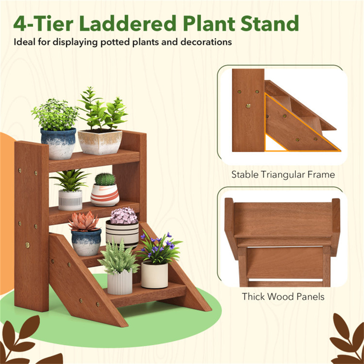 4-Tier Ladder Wooden Plant Stand, Compact Tabletop Plant Shelf for Window, Balcony, Indoor Outdoor Potted Succulent Display Rack