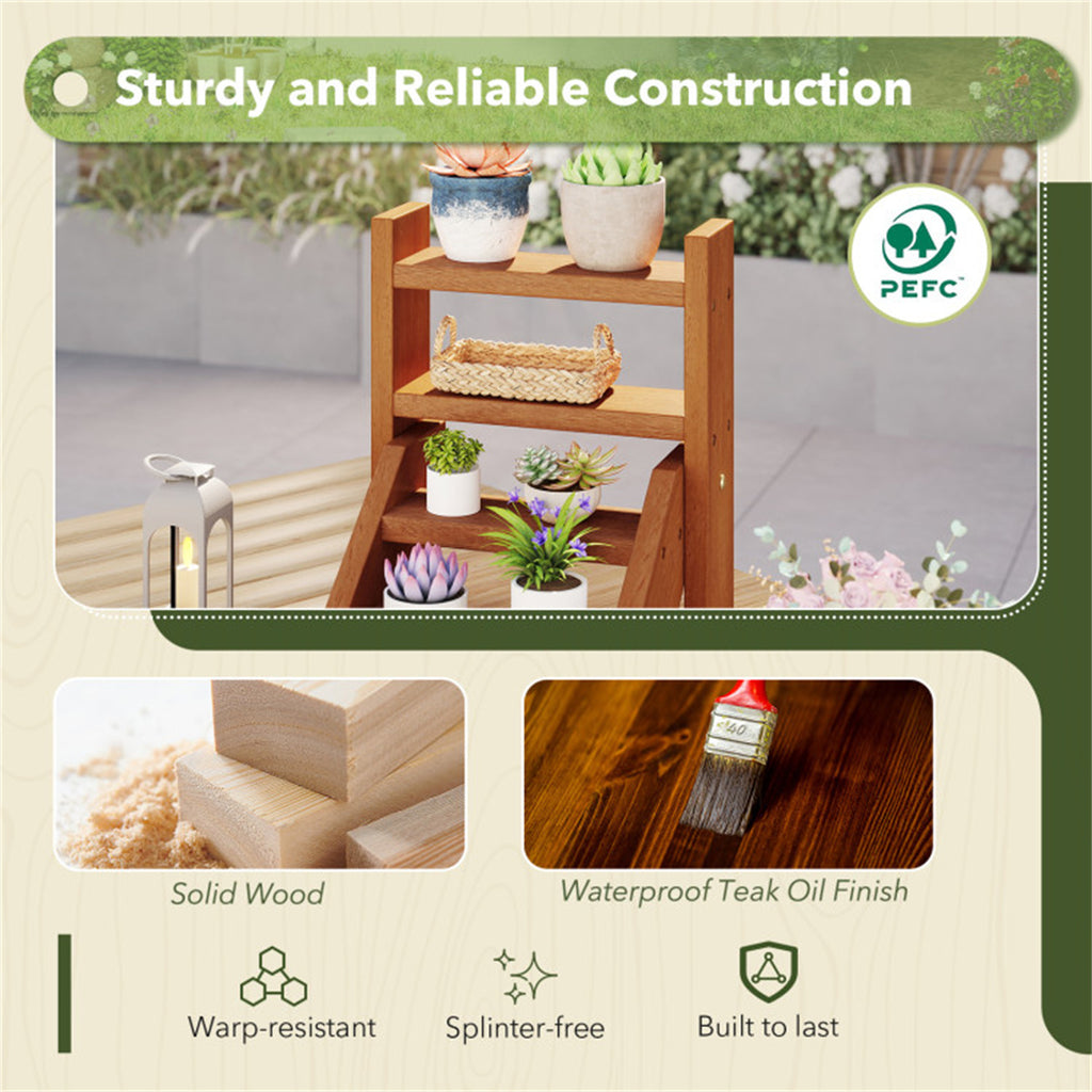 4-Tier Ladder Wooden Plant Stand, Compact Tabletop Plant Shelf for Window, Balcony, Indoor Outdoor Potted Succulent Display Rack