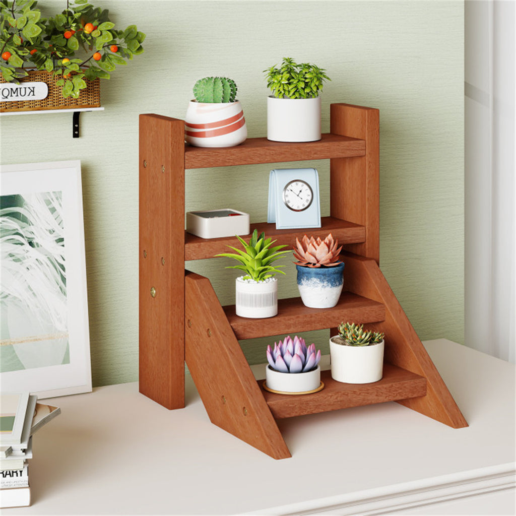 4-Tier Ladder Wooden Plant Stand, Compact Tabletop Plant Shelf for Window, Balcony, Indoor Outdoor Potted Succulent Display Rack