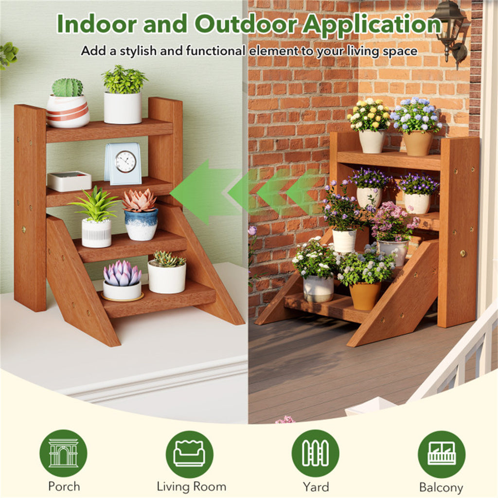 4-Tier Ladder Wooden Plant Stand, Compact Tabletop Plant Shelf for Window, Balcony, Indoor Outdoor Potted Succulent Display Rack