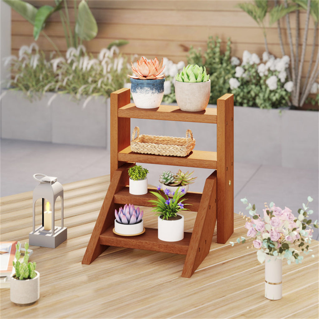 4-Tier Ladder Wooden Plant Stand, Compact Tabletop Plant Shelf for Window, Balcony, Indoor Outdoor Potted Succulent Display Rack