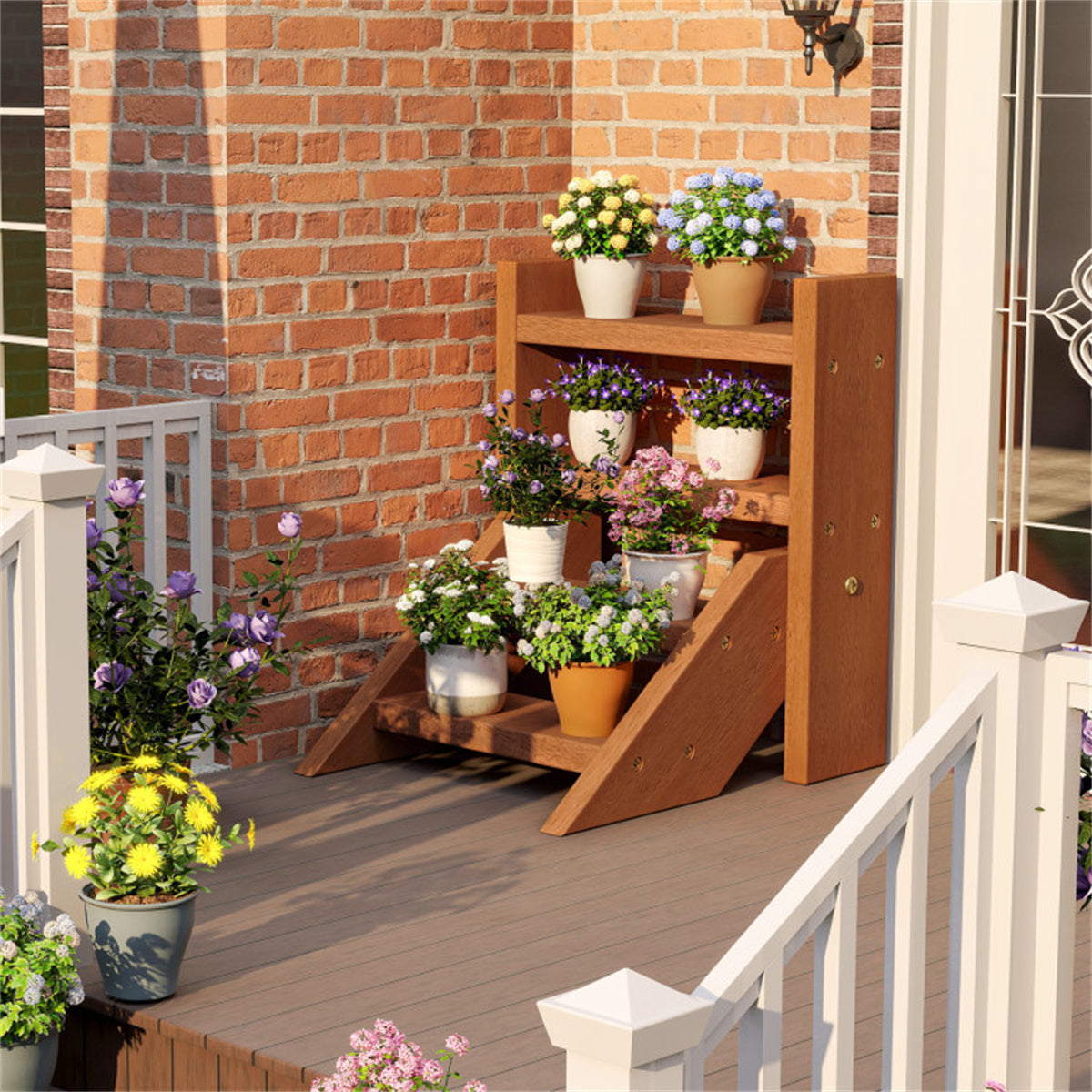 4-Tier Ladder Wooden Plant Stand, Compact Tabletop Plant Shelf for Window, Balcony, Indoor Outdoor Potted Succulent Display Rack